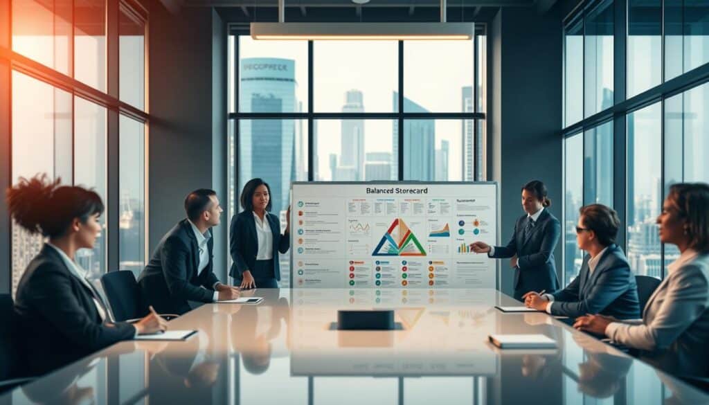 A corporate office environment showcasing the advantages of the Balanced Scorecard for businesses. In the foreground, a diverse team of professionals in business attire is gathered around a sleek conference table, actively discussing a colorful, large infographic illustrating the Balanced Scorecard concepts. In the middle, a whiteboard filled with key performance indicators and strategic goals enhances the collaborative atmosphere. In the background, large windows reveal a bustling cityscape, symbolizing growth and opportunity. The lighting is bright and inviting, creating a motivational mood. The scene is shot on a Sony A7R IV at 70mm, producing a clearly focused and sharply defined image with a polarized filter to enhance colors and details.