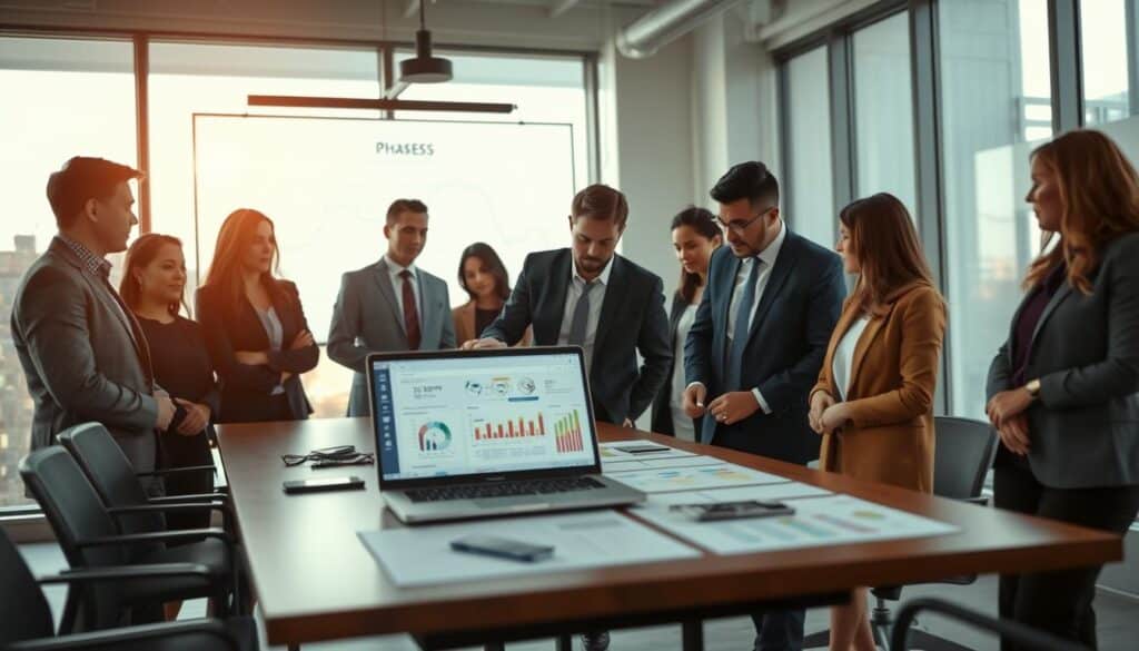 A corporate office environment showcasing the implementation of an ERP system. In the foreground, a diverse group of professionals, dressed in smart business attire, is intensely discussing a digital dashboard on a sleek laptop. In the middle ground, a large conference table is adorned with charts and diagrams reflecting business processes, while a digital whiteboard displays the flow of ERP implementation phases. The background features large windows allowing natural light to pour in, illuminating the modern office setup with high-tech gadgets. The atmosphere is focused and collaborative, conveying a sense of progress and innovation. Captured with a Sony A7R IV at 70mm, the image is sharply defined with a polarized filter enhancing the clarity and brightness of the scene.