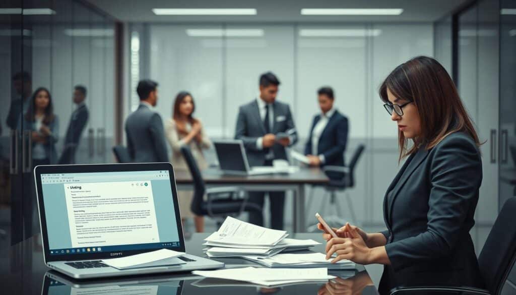 A corporate office scene depicting the concept of "Career Trap at Work." In the foreground, a stressed professional woman in a smart business suit stands at her desk, looking overwhelmed by paperwork, with a laptop displaying an email full of demanding tasks. In the middle ground, other employees appear engaged in quiet competition, casting sideways glances towards her, indicating a tense atmosphere of untrusting colleagues. The background shows a sleek, modern office space with glass walls and muted lighting, enhancing a sense of isolation. The image is shot with a Sony A7R IV at 70mm, showcasing sharp details and vivid colors while incorporating a polarized filter for clarity. The overall mood is tense and contemplative, reflecting the pressure of workplace dynamics. A corporate office scene depicting the concept of "Career Trap at Work." In the foreground, a stressed professional woman in a smart business suit stands at her desk, looking overwhelmed by paperwork, with a laptop displaying an email full of demanding tasks. In the middle ground, other employees appear engaged in quiet competition, casting sideways glances towards her, indicating a tense atmosphere of untrusting colleagues. The background shows a sleek, modern office space with glass walls and muted lighting, enhancing a sense of isolation. The image is shot with a Sony A7R IV at 70mm, showcasing sharp details and vivid colors while incorporating a polarized filter for clarity. The overall mood is tense and contemplative, reflecting the pressure of workplace dynamics.