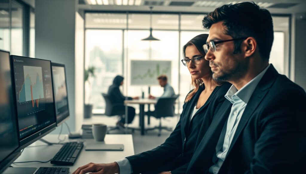 A corporate office scene featuring colleagues observing each other with subtle surveillance tools, such as computers with monitoring software visible on the screens. In the foreground, a professional male in a sharp suit, sitting at a desk, glances towards a female colleague, also dressed in business attire, who is working intently at her computer. In the middle ground, a glass wall separates a conference room where a group of employees discusses performance metrics, hinting at their awareness of ongoing oversight. The background shows a modern office layout with minimalist design, soft natural light filtering through large windows. The atmosphere is tense yet focused, capturing the nuances of workplace surveillance. Shot on a Sony A7R IV 70mm with a polarized filter, ensuring clarity and sharpness throughout the image.