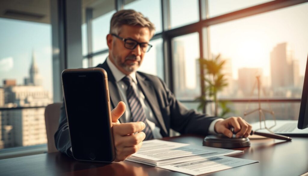 A corporate office setting featuring a middle-aged professional man in a business suit, sitting at a modern desk with a smartphone displaying a messaging app interface, symbolizing the topic of WhatsApp termination. In the foreground, a close-up of the smartphone's screen highlights the chat window, while the man looks thoughtfully at the device, conveying a sense of contemplation. The middle layer includes important legal documents related to employment termination, partially visible on the desk, suggesting the legal ramifications involved. The background shows a cityscape through large windows, bathed in natural light from the afternoon sun, creating a professional and serious atmosphere. The image is shot on a Sony A7R IV with a 70mm lens, ensuring a clear focus and sharp definition, enhanced by a polarized filter for richer colors. A corporate office setting featuring a middle-aged professional man in a business suit, sitting at a modern desk with a smartphone displaying a messaging app interface, symbolizing the topic of WhatsApp termination. In the foreground, a close-up of the smartphone's screen highlights the chat window, while the man looks thoughtfully at the device, conveying a sense of contemplation. The middle layer includes important legal documents related to employment termination, partially visible on the desk, suggesting the legal ramifications involved. The background shows a cityscape through large windows, bathed in natural light from the afternoon sun, creating a professional and serious atmosphere. The image is shot on a Sony A7R IV with a 70mm lens, ensuring a clear focus and sharp definition, enhanced by a polarized filter for richer colors.