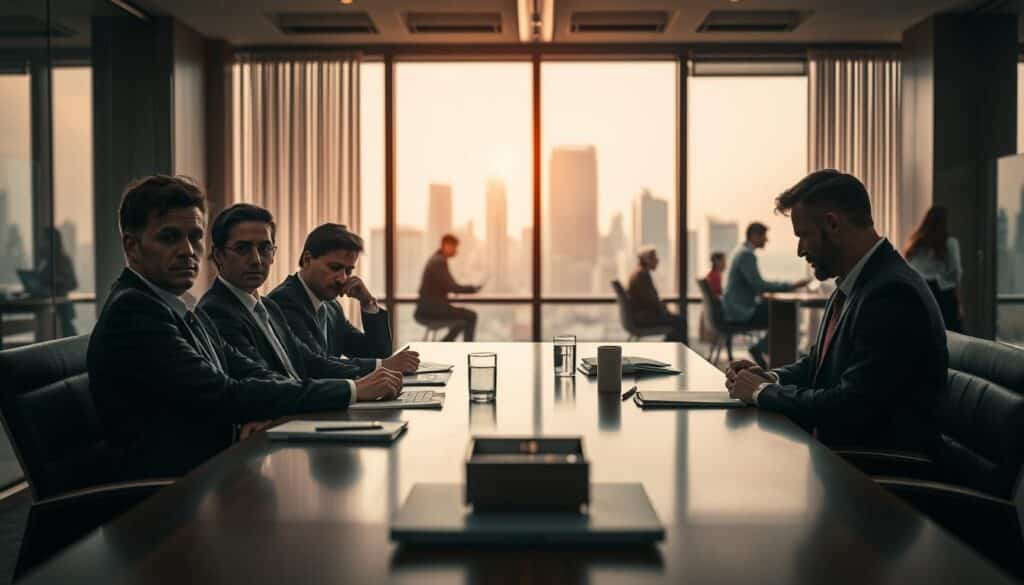 A corporate office setting illustrating the impact of disengagement on company performance. In the foreground, a diverse group of three professionals in formal attire sits around a conference table, looking disengaged and disheartened, showing subtle signs of frustration and lack of motivation. In the middle ground, a large window reveals a bustling cityscape bathed in soft, natural light, symbolizing external success contrasting with the internal turmoil. The background showcases a blurred image of a team working energetically, juxtaposing the engaged employees with the disheartened group. The atmosphere is somber yet reflective, captured in sharp focus with a Sony A7R IV at 70mm, using a polarized filter for clarity and depth. A corporate office setting illustrating the impact of disengagement on company performance. In the foreground, a diverse group of three professionals in formal attire sits around a conference table, looking disengaged and disheartened, showing subtle signs of frustration and lack of motivation. In the middle ground, a large window reveals a bustling cityscape bathed in soft, natural light, symbolizing external success contrasting with the internal turmoil. The background showcases a blurred image of a team working energetically, juxtaposing the engaged employees with the disheartened group. The atmosphere is somber yet reflective, captured in sharp focus with a Sony A7R IV at 70mm, using a polarized filter for clarity and depth.