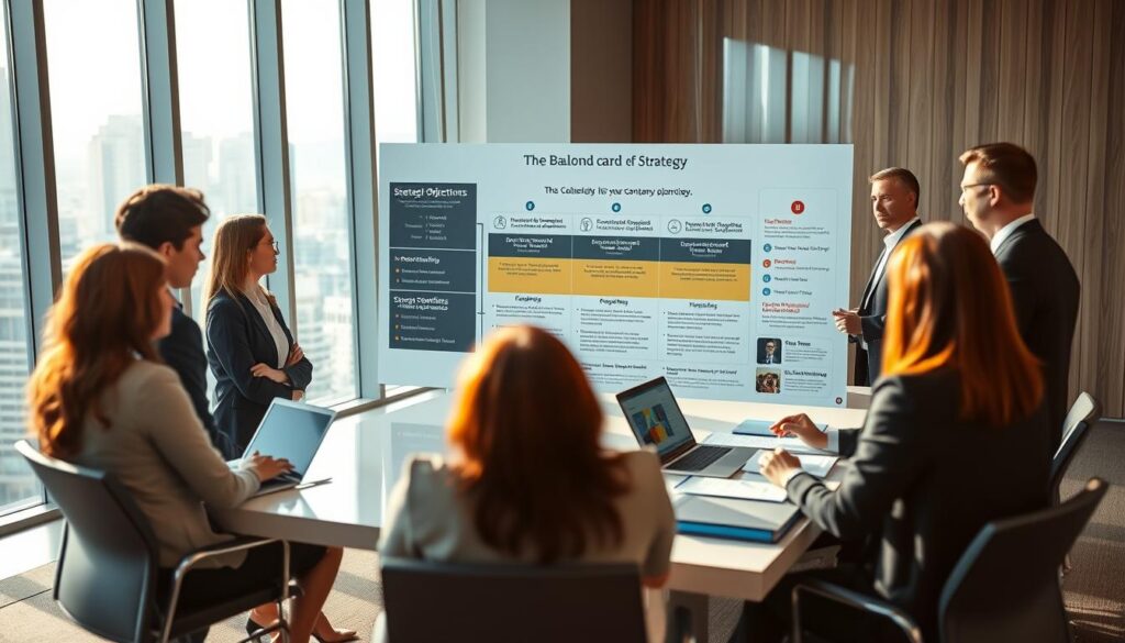 A corporate setting showcasing the integration of the Balanced Scorecard into a company’s strategy. In the foreground, a diverse group of professionals in business attire are engaged in discussion, analyzing a large infographic displaying key performance indicators and strategic objectives. The middle ground features a sleek conference table with laptops and documents, indicating an active brainstorming session. The background includes a large window revealing a modern cityscape with sunlight streaming in, creating a bright and motivating atmosphere. The scene is captured with a Sony A7R IV at 70mm, providing a clear focus and sharp definition, enhanced by a polarized filter to reduce glare and enrich colors, conveying a sense of collaboration and strategic planning.