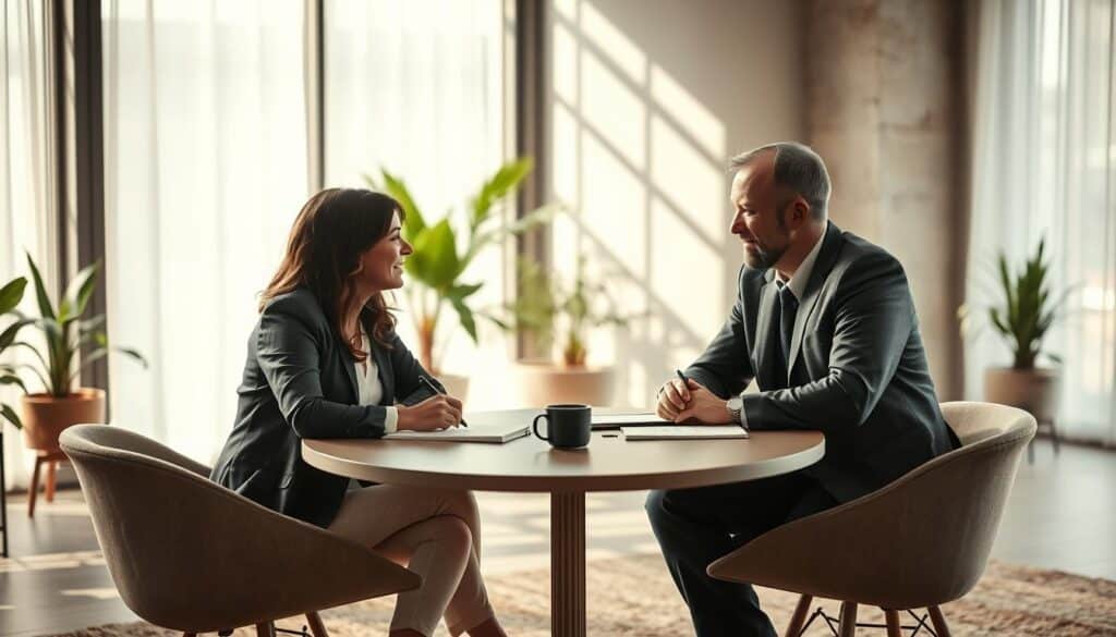 A cozy and inviting conversation atmosphere set in a modern office space. In the foreground, two professionals engage in a friendly discussion, one seated and the other standing, both in business attire. The middle scene features a large, round table adorned with a few notebooks, pens, and a cup of coffee, symbolizing an open dialogue. In the background, soft natural light streams through large windows, casting gentle shadows, with indoor plants adding a touch of warmth. The image is captured with a Sony A7R IV at 70mm, creating a sharp focus on the subjects while the background slightly blurs, emphasizing the connection between the two individuals, fostering a relaxed yet professional atmosphere ideal for a kennenlernen conversation. A cozy and inviting conversation atmosphere set in a modern office space. In the foreground, two professionals engage in a friendly discussion, one seated and the other standing, both in business attire. The middle scene features a large, round table adorned with a few notebooks, pens, and a cup of coffee, symbolizing an open dialogue. In the background, soft natural light streams through large windows, casting gentle shadows, with indoor plants adding a touch of warmth. The image is captured with a Sony A7R IV at 70mm, creating a sharp focus on the subjects while the background slightly blurs, emphasizing the connection between the two individuals, fostering a relaxed yet professional atmosphere ideal for a kennenlernen conversation.