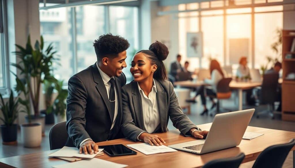 A cozy and inviting office environment featuring two employees sharing a moment of warmth and connection. In the foreground, a diverse couple, dressed in professional business attire, are smiling at each other over a desk adorned with papers and a laptop, symbolizing collaboration and budding love. The middle ground showcases a bright and airy open office layout, with plants and soft lighting creating a warm atmosphere. In the background, colleagues are engaged in work, adding to the sense of a lively workplace. The scene is shot on a Sony A7R IV at 70mm, with crisp focus and vibrant colors enhanced by a polarized filter, conveying a positive and uplifting mood, emphasizing the human connections fostered within a professional setting.