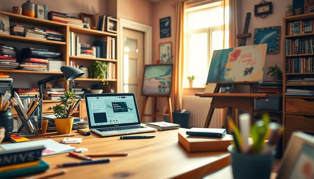 A cozy home workspace filled with vibrant colors and inspiring personal projects. In the foreground, a neat wooden desk cluttered with art supplies, a laptop open to a creative project, and a small potted plant. In the middle ground, an artist's easel displaying a partially completed painting and shelves lined with books and personal mementos. The background features a window letting in warm, natural light, illuminating the space and casting gentle shadows. The atmosphere is inviting and motivating, capturing the essence of hobbies and personal endeavors. Shot on a Sony A7R IV with a 70mm lens, the image is sharply defined, with a polarized filter enhancing the colors and clarity. A cozy home workspace filled with vibrant colors and inspiring personal projects. In the foreground, a neat wooden desk cluttered with art supplies, a laptop open to a creative project, and a small potted plant. In the middle ground, an artist's easel displaying a partially completed painting and shelves lined with books and personal mementos. The background features a window letting in warm, natural light, illuminating the space and casting gentle shadows. The atmosphere is inviting and motivating, capturing the essence of hobbies and personal endeavors. Shot on a Sony A7R IV with a 70mm lens, the image is sharply defined, with a polarized filter enhancing the colors and clarity.