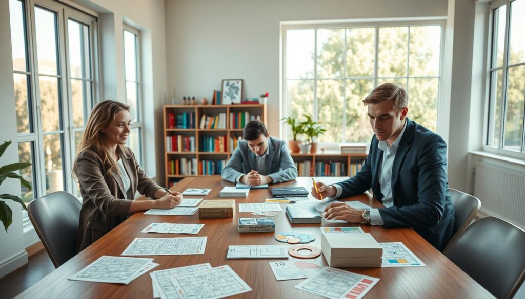 A cozy, modern study room filled with bright, natural light streaming through large windows. In the foreground, a diverse group of three individuals, one woman and two men, engaged in various brain-training exercises while sitting at a sleek wooden table, all dressed in smart casual attire. The middle ground features an array of cognitive games and puzzles scattered across the table, like crossword puzzles, Sudoku, and brain teasers, creating a lively learning environment. The background showcases bookshelves lined with colorful books about psychology and cognitive enhancement, promoting a sense of knowledge and discovery. The image is captured with a Sony A7R IV at 70mm, emphasizing clarity and sharp definition, with a polarized filter enhancing the rich colors and natural light, evoking an atmosphere of focus and intellectual engagement. A cozy, modern study room filled with bright, natural light streaming through large windows. In the foreground, a diverse group of three individuals, one woman and two men, engaged in various brain-training exercises while sitting at a sleek wooden table, all dressed in smart casual attire. The middle ground features an array of cognitive games and puzzles scattered across the table, like crossword puzzles, Sudoku, and brain teasers, creating a lively learning environment. The background showcases bookshelves lined with colorful books about psychology and cognitive enhancement, promoting a sense of knowledge and discovery. The image is captured with a Sony A7R IV at 70mm, emphasizing clarity and sharp definition, with a polarized filter enhancing the rich colors and natural light, evoking an atmosphere of focus and intellectual engagement.