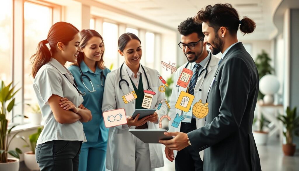 A creative collage showcasing various inspiring healthcare professions. In the foreground, a group of diverse healthcare professionals dressed in smart business attire — a nurse, a doctor, a therapist, and a medical technician — engaged in a collaborative discussion around a digital tablet. The middle layer features vivid illustrations of medical equipment and creative therapeutic tools like art supplies and fitness gear that symbolize their innovative roles. In the background, a bright, modern healthcare setting with large windows allowing natural light to flood in, plants, and calming colors that evoke a sense of positivity and healing. The image is shot on a Sony A7R IV at 70mm, sharply focused with clear details, enhanced by a polarized filter to amplify colors and reduce glare, creating an uplifting, professional atmosphere. A creative collage showcasing various inspiring healthcare professions. In the foreground, a group of diverse healthcare professionals dressed in smart business attire — a nurse, a doctor, a therapist, and a medical technician — engaged in a collaborative discussion around a digital tablet. The middle layer features vivid illustrations of medical equipment and creative therapeutic tools like art supplies and fitness gear that symbolize their innovative roles. In the background, a bright, modern healthcare setting with large windows allowing natural light to flood in, plants, and calming colors that evoke a sense of positivity and healing. The image is shot on a Sony A7R IV at 70mm, sharply focused with clear details, enhanced by a polarized filter to amplify colors and reduce glare, creating an uplifting, professional atmosphere.