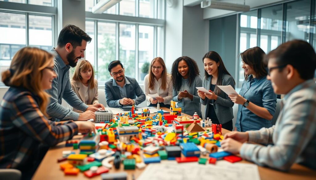 A creative workspace featuring a group of diverse professionals engaged in a Lego Serious Play session. In the foreground, focus on a table cluttered with colorful Lego bricks, models, and blueprints, illustrating collaboration and innovation. The middle ground shows engaged team members, diverse in gender and ethnicity, wearing smart casual attire, animatedly discussing their creations. The background captures a bright, airy office environment with large windows allowing natural light, enhancing the atmosphere of creativity and open-mindedness. The image has a warm, inviting tone, shot on a Sony A7R IV at 70mm, with clear focus and sharp definition, utilizing a polarized filter to enrich colors and details.
