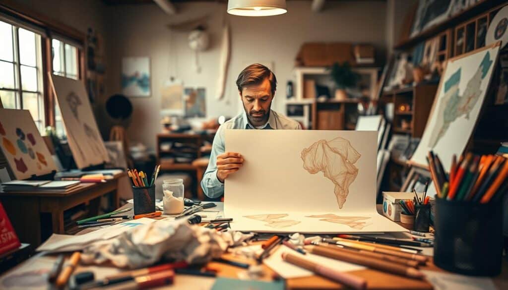 A creative workspace filled with colorful sketches, half-finished projects, and scattered art supplies, emphasizing the theme of accepting mistakes in the creative process. In the foreground, a table displays a mix of crumpled papers and vibrant art tools, suggesting experimentation. In the middle, a concerned but determined artist, dressed in professional attire, studies one of the incomplete pieces with a thoughtful expression. The background features a warm, inviting studio space with soft lighting illuminating the scene, casting gentle shadows. The mood is reflective, encouraging viewers to embrace imperfection, shot with a Sony A7R IV at 70mm, clearly focused and sharply defined, using a polarized filter to enhance colors and details.