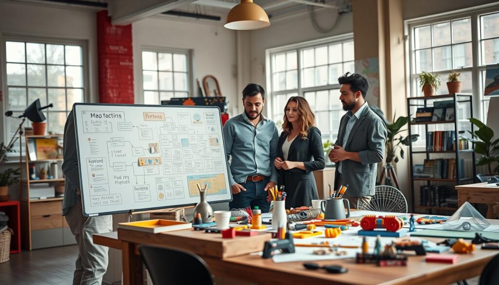 A creative workspace filled with vibrant colors and innovative tools, showcasing a project in progress. In the foreground, a diverse group of three professionals, dressed in smart casual attire, collaborating over an elaborate mind map on a large whiteboard. The middle layer features a table cluttered with art supplies, design prototypes, and problem-solving puzzles, emphasizing brainstorming and creativity. The background includes large windows allowing natural light to stream in, creating a bright and inviting atmosphere. The scene is shot with a Sony A7R IV at 70mm, clearly focused and sharply defined, enhanced with a polarized filter to enrich the colors and contrasts, fostering a mood of inspiration and motivation. A creative workspace filled with vibrant colors and innovative tools, showcasing a project in progress. In the foreground, a diverse group of three professionals, dressed in smart casual attire, collaborating over an elaborate mind map on a large whiteboard. The middle layer features a table cluttered with art supplies, design prototypes, and problem-solving puzzles, emphasizing brainstorming and creativity. The background includes large windows allowing natural light to stream in, creating a bright and inviting atmosphere. The scene is shot with a Sony A7R IV at 70mm, clearly focused and sharply defined, enhanced with a polarized filter to enrich the colors and contrasts, fostering a mood of inspiration and motivation.
