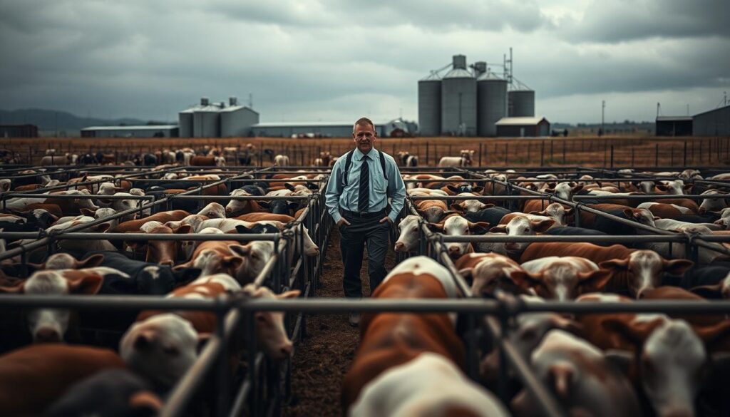 A critical view of industrial animal farming, showcasing large-scale livestock production in the foreground. Depict crowded pens filled with animals, highlighting the stark contrast between them and the sprawling agricultural landscape behind. In the middle ground, a farmworker in professional attire inspects the conditions, conveying concern and scrutiny. The background features large, imposing barns and silos, under a gray, overcast sky that adds to the somber mood. Use dramatic lighting to emphasize shadows and create a stark atmosphere that reflects criticism of mass production practices. Capture the scene with a Sony A7R IV at 70mm, ensuring sharp focus and clarity, with a polarized filter enhancing the details and contrast. A critical view of industrial animal farming, showcasing large-scale livestock production in the foreground. Depict crowded pens filled with animals, highlighting the stark contrast between them and the sprawling agricultural landscape behind. In the middle ground, a farmworker in professional attire inspects the conditions, conveying concern and scrutiny. The background features large, imposing barns and silos, under a gray, overcast sky that adds to the somber mood. Use dramatic lighting to emphasize shadows and create a stark atmosphere that reflects criticism of mass production practices. Capture the scene with a Sony A7R IV at 70mm, ensuring sharp focus and clarity, with a polarized filter enhancing the details and contrast.