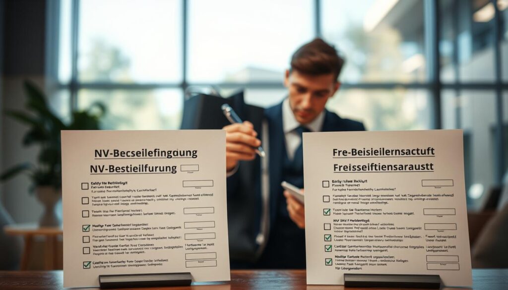 A detailed and informative illustration of the NV-Bescheinigung and Freistellungsauftrag concept, emphasizing their differences. In the foreground, two visually distinct documents labeled 'NV-Bescheinigung' and 'Freistellungsauftrag' with checkboxes and notes indicating their unique features. In the middle ground, a professional business person in business attire, intently analyzing the documents, with a pen in hand. The background features a modern office setting with large windows allowing natural light to flood in, creating a bright atmosphere. The scene is shot with a Sony A7R IV at 70mm, ensuring a clear focus and sharp details. A polarized filter enhances the colors, highlighting the professionalism and importance of the subject matter. The overall mood is informative and serious, suitable for a financial context.