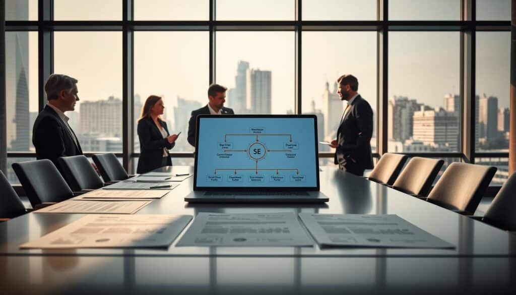 A detailed and informative illustration of the legal structure of the European Company (Societas Europaea, SE). In the foreground, a sleek and modern conference table with legal documents and charts. In the middle ground, people in professional business attire discussing and analyzing the structure, with an open laptop displaying a digital diagram of the SE framework. The background features a large window showcasing a cityscape to symbolize a business environment. Emphasize clean lines and corporate aesthetics, using soft natural lighting pouring in through the window, creating a professional mood. The image should be crisp and clearly defined, as if captured with a Sony A7R IV at 70mm, with a polarized filter for enhanced clarity and detail.
