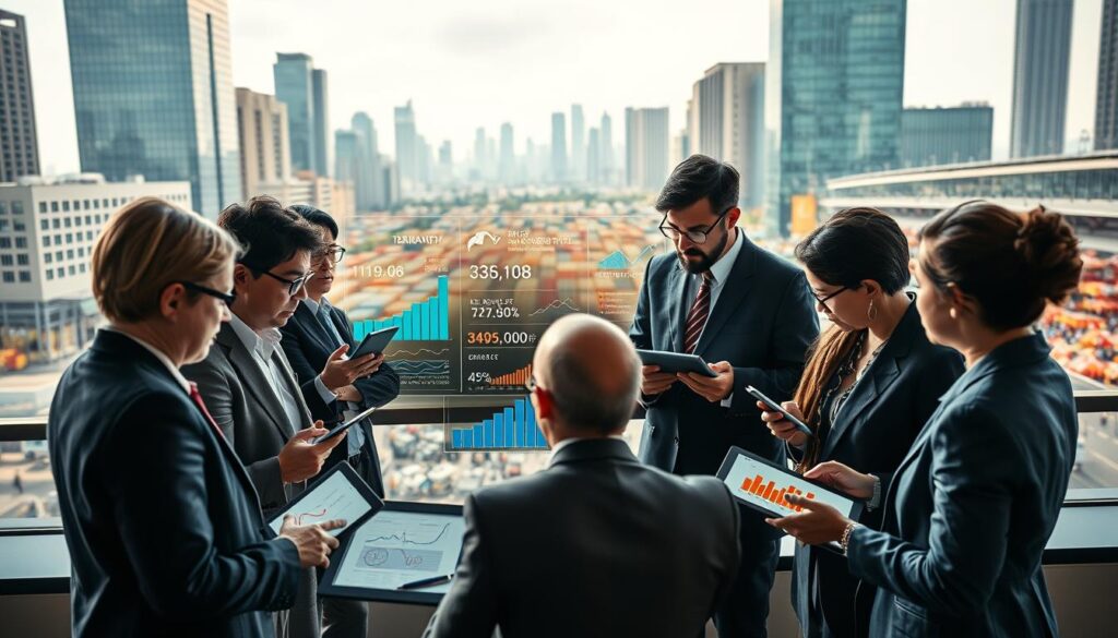 A detailed and insightful illustration of the impacts of terms of trade on levels of prosperity. In the foreground, a diverse group of business professionals in business attire engages in a dynamic discussion, analyzing charts and graphs on digital tablets. The middle ground features a vibrant, interactive display of trade statistics and economic indicators, symbolizing the connection between trade terms and prosperity. In the background, a modern cityscape with corporate buildings and a bustling marketplace reflects economic activity. The scene is bathed in warm, natural light, creating an inviting atmosphere. Shot on a Sony A7R IV at 70mm, with a polarized filter to enhance clarity and colors, ensuring every detail is sharply defined.