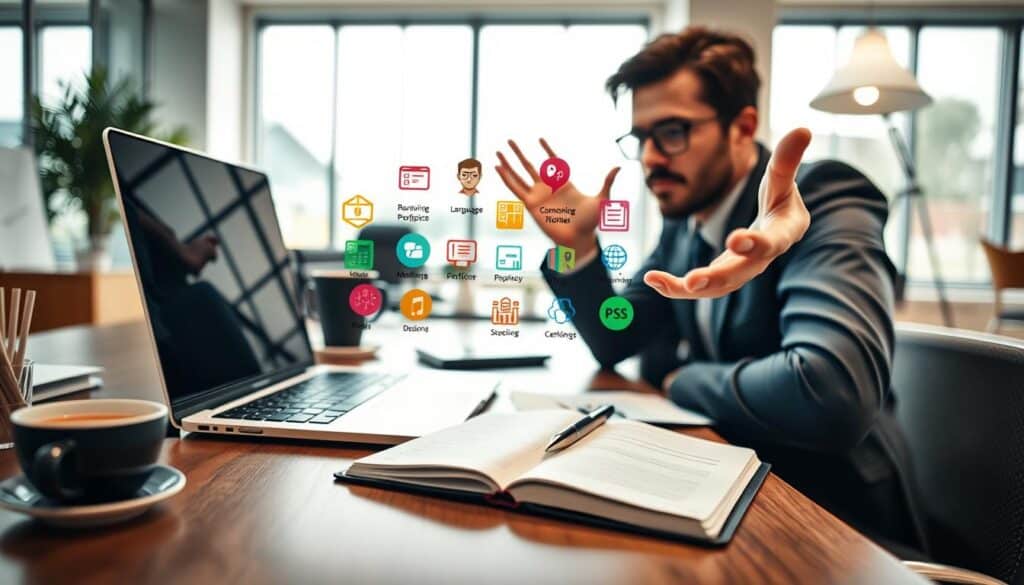 A detailed and professional workspace showcasing a neatly organized desk featuring a modern laptop, an open notebook with a fountain pen, and a cup of coffee. In the foreground, a well-dressed individual, wearing business attire, gestures towards the screen with a focused expression, symbolizing mastery in resume skills. In the middle ground, an array of colorful icons representing different skills like languages, software proficiency, and certifications subtly hover around the laptop. The background shows a bright office environment with large windows allowing natural light to fill the space, creating a productive and motivating atmosphere. The image is shot with a Sony A7R IV at 70mm, sharply defined with a polarized filter, enhancing the clarity and professionalism of the scene. A detailed and professional workspace showcasing a neatly organized desk featuring a modern laptop, an open notebook with a fountain pen, and a cup of coffee. In the foreground, a well-dressed individual, wearing business attire, gestures towards the screen with a focused expression, symbolizing mastery in resume skills. In the middle ground, an array of colorful icons representing different skills like languages, software proficiency, and certifications subtly hover around the laptop. The background shows a bright office environment with large windows allowing natural light to fill the space, creating a productive and motivating atmosphere. The image is shot with a Sony A7R IV at 70mm, sharply defined with a polarized filter, enhancing the clarity and professionalism of the scene.