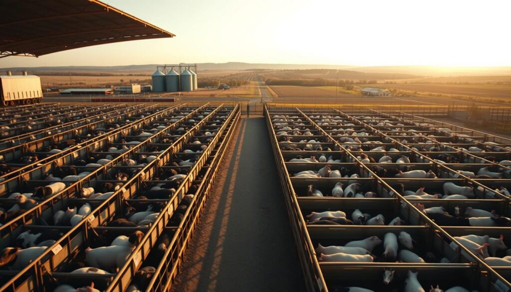 A detailed and structured image illustrating "Market Structures in Animal Husbandry." In the foreground, depict a large-scale agricultural facility, showcasing rows of well-maintained livestock barns, each with visible feeding and watering systems. In the middle ground, present organized pens filled with various animals such as cattle, pigs, and chickens, emphasizing their confinement and the industrial nature of mass production. In the background, portray a vast landscape with rolling fields and silos, illustrating the scale of the operation. Capture the scene at dusk with warm, golden lighting that casts long shadows, conveying a sense of both efficiency and critique. Use a sharp focus to highlight intricate details, employing a 70mm lens on a Sony A7R IV with a polarized filter to enhance clarity and contrast, creating a thought-provoking atmosphere. A detailed and structured image illustrating "Market Structures in Animal Husbandry." In the foreground, depict a large-scale agricultural facility, showcasing rows of well-maintained livestock barns, each with visible feeding and watering systems. In the middle ground, present organized pens filled with various animals such as cattle, pigs, and chickens, emphasizing their confinement and the industrial nature of mass production. In the background, portray a vast landscape with rolling fields and silos, illustrating the scale of the operation. Capture the scene at dusk with warm, golden lighting that casts long shadows, conveying a sense of both efficiency and critique. Use a sharp focus to highlight intricate details, employing a 70mm lens on a Sony A7R IV with a polarized filter to enhance clarity and contrast, creating a thought-provoking atmosphere.