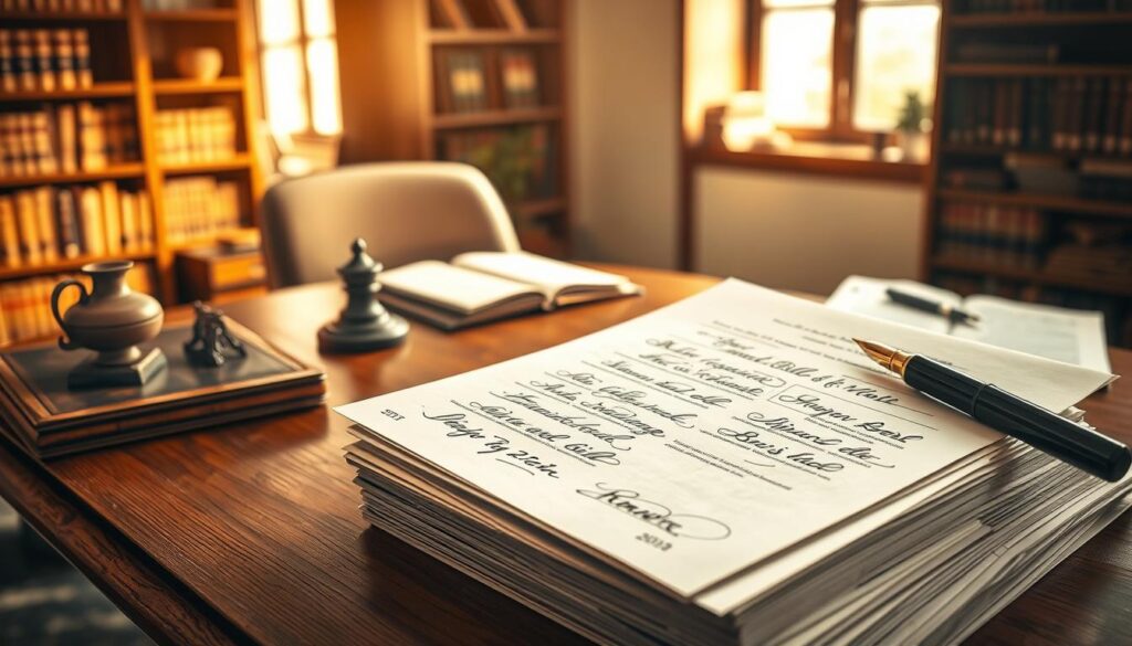 A detailed and vibrant depiction of the "elements of a drawn bill of exchange" in a professional setting. In the foreground, focus on a neatly arranged stack of documents featuring a drawn bill of exchange, complete with signatures, dates, and endorsements in elegant calligraphy. In the middle ground, include a sleek wooden desk with modern business tools like a fountain pen, an inkpot, and a ledger, hinting at an office environment. In the background, soft-focus shelves lined with finance books and law texts create depth. The lighting should be warm and inviting, reminiscent of early morning sunlight filtering through a window, casting gentle shadows. Captured with a Sony A7R IV at 70mm, ensuring sharp details and rich textures, this image conveys a mood of professionalism and clarity.