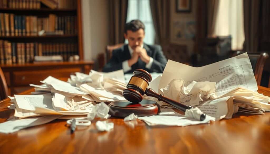 A detailed and visually striking depiction of "examples of void contracts" to illustrate the concept of contractual nullity. In the foreground, show a traditional wooden desk cluttered with various types of contracts, some crumpled and visibly torn, symbolizing their invalidity. Place a gavel beside the contracts, emphasizing the legal aspect. In the middle ground, include a silhouette of a business professional in formal attire, examining the contracts thoughtfully, with a slightly furrowed brow. In the background, softly blurred legal bookshelves or a courtroom scene to suggest a legal environment. Use bright, natural lighting to create an informative yet serious atmosphere. The scene should be captured using a Sony A7R IV at 70mm, with clear focus and sharp definitions, utilizing a polarized filter for enhancing details.