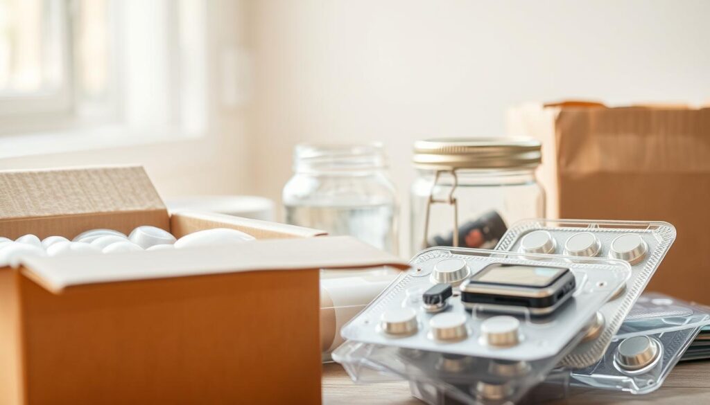 A detailed close-up of various packaging types highlighting their protective functions, set against a clean, softly blurred background. In the foreground, a sturdy cardboard box is prominently displayed, slightly open to reveal bubble wrap and foam padding, emphasizing cushioning. Next to it, a blister pack showcases its transparent plastic form, protecting delicate gadgets inside. In the middle ground, a glass jar with a metal lid represents food preservation. The lighting is bright and natural, simulating a well-lit workspace, creating a fresh and informative atmosphere. Shot with a Sony A7R IV at 70mm, using a polarized filter for clarity and contrast, focusing sharply on the packaging materials to enhance textures. The overall mood conveys innovation and reliability in packaging design.
