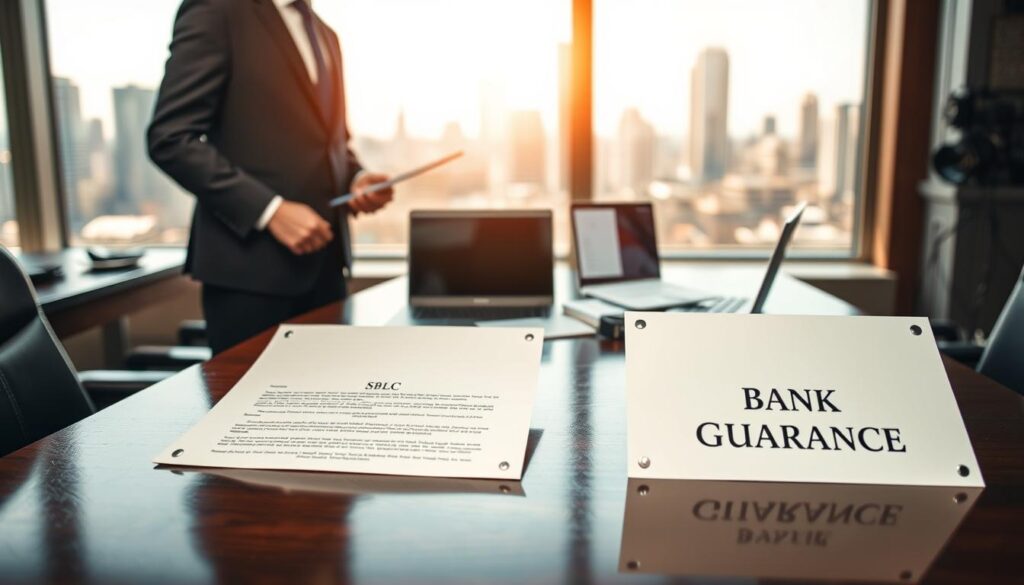A detailed comparison scene illustrating the differences between a Standby Letter of Credit (SBLC) and a Bank Guarantee, set in an elegant office environment. In the foreground, a professional business person in a sharp suit is analyzing two distinct documents labeled "SBLC" and "Bank Guarantee," each placed on a polished wooden desk. In the middle ground, a contemporary workspace with a laptop and a financial ledger can be seen, symbolizing the modern financial landscape. The background features a large window with a city skyline view, bathed in warm daylight, creating an atmosphere of professionalism and confidence. The image should be shot with a Sony A7R IV at 70mm, ensuring clarity and sharp definition, enhanced with a polarized filter to enrich colors and contrast.