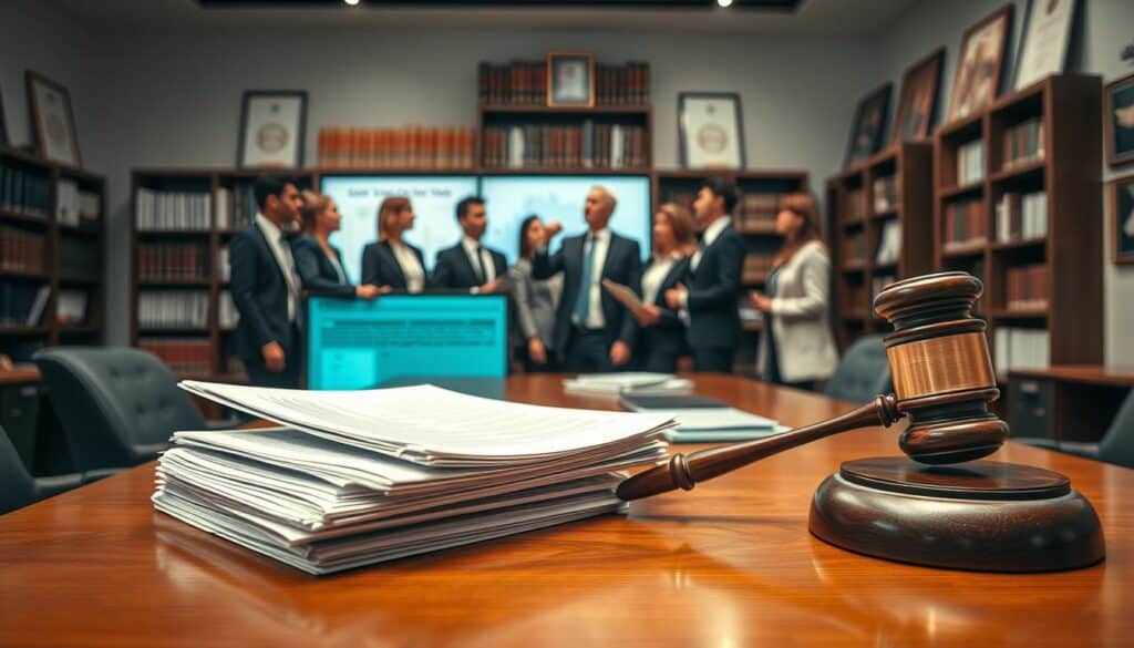 A detailed composition illustrating "BGB Schadensersatzansprüche," set in a modern legal office. In the foreground, a stack of legal documents and a gavel rest on a polished wooden desk, symbolizing the concept of legal claims. In the middle ground, a diverse group of professionals in business attire, engaged in a discussion, with one pointing towards a digital screen displaying a chart about damages and compensation. The background features a large bookshelf filled with law books and framed legal certificates on the walls. The scene is lit with soft, warm lighting that creates a professional and focused atmosphere, captured with a Sony A7R IV at 70mm, using a polarized filter to enhance clarity and contrast. A detailed composition illustrating "BGB Schadensersatzansprüche," set in a modern legal office. In the foreground, a stack of legal documents and a gavel rest on a polished wooden desk, symbolizing the concept of legal claims. In the middle ground, a diverse group of professionals in business attire, engaged in a discussion, with one pointing towards a digital screen displaying a chart about damages and compensation. The background features a large bookshelf filled with law books and framed legal certificates on the walls. The scene is lit with soft, warm lighting that creates a professional and focused atmosphere, captured with a Sony A7R IV at 70mm, using a polarized filter to enhance clarity and contrast.