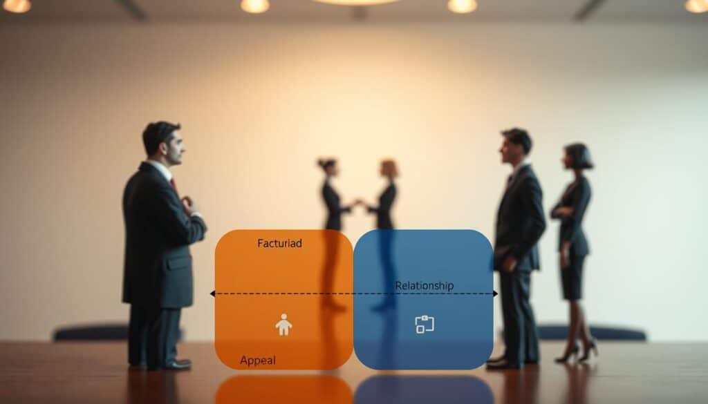 A detailed illustration of "Kommunikationsquadrate" inspired by Schulz von Thun's model. In the foreground, four distinct quadrants are represented visually, each symbolizing different aspects of communication: factual, self-revealing, relationship, and appeal, with vibrant colors and clear icons representing each aspect. The middle ground features abstract figures engaging in a conversation, dressed in professional business attire, embodying effective communication techniques. The background is a soft gradient, suggesting a harmonious atmosphere, with dim lighting to create a reflective mood. The image is shot on a Sony A7R IV at 70mm, with sharp focus and a polarized filter, ensuring crisp lines and vivid detail, perfect for illustrating conflict resolution techniques. A detailed illustration of "Kommunikationsquadrate" inspired by Schulz von Thun's model. In the foreground, four distinct quadrants are represented visually, each symbolizing different aspects of communication: factual, self-revealing, relationship, and appeal, with vibrant colors and clear icons representing each aspect. The middle ground features abstract figures engaging in a conversation, dressed in professional business attire, embodying effective communication techniques. The background is a soft gradient, suggesting a harmonious atmosphere, with dim lighting to create a reflective mood. The image is shot on a Sony A7R IV at 70mm, with sharp focus and a polarized filter, ensuring crisp lines and vivid detail, perfect for illustrating conflict resolution techniques.