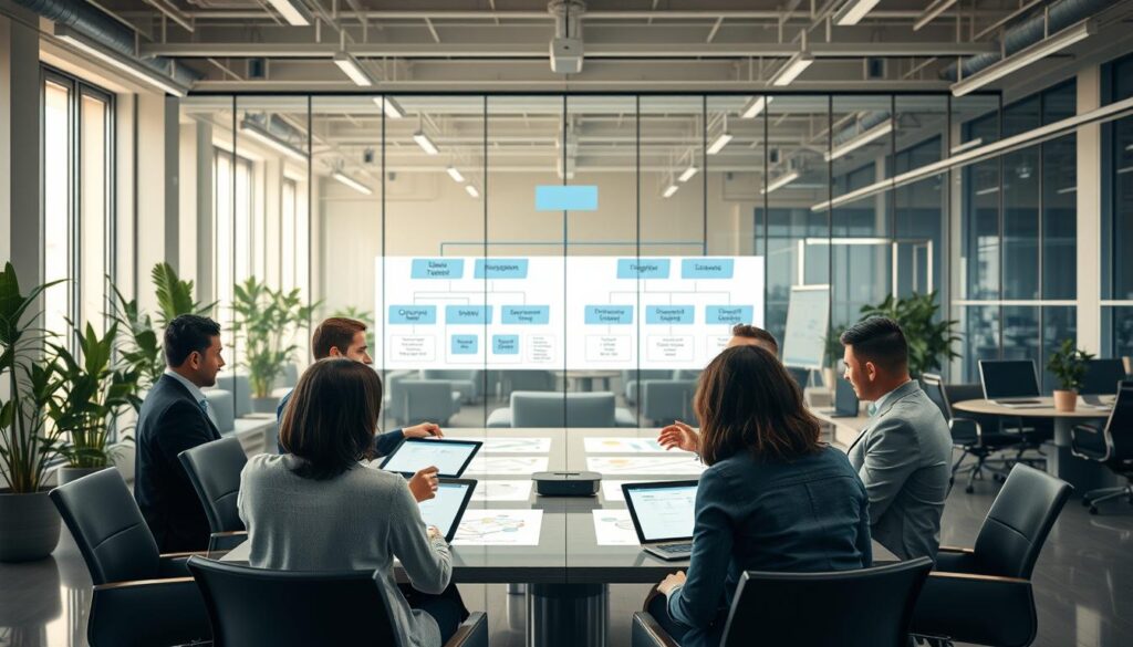 A detailed illustration of different organizational structures in a modern office setting, showcasing various forms of organization charts like functional, divisional, and matrix structures. In the foreground, a professional business team is gathered around a stylish conference table, analyzing organizational diagrams on digital screens. The middle ground features a large, transparent glass wall displaying a large organizational chart with arrows connecting roles and departments, symbolizing the flow of information. The background is filled with sleek office furniture and plants, creating a dynamic and collaborative atmosphere. The lighting is bright and focused, creating sharp contrasts and clarity akin to a shot taken with a Sony A7R IV at 70mm, with a polarized filter, ensuring every detail is vividly highlighted.