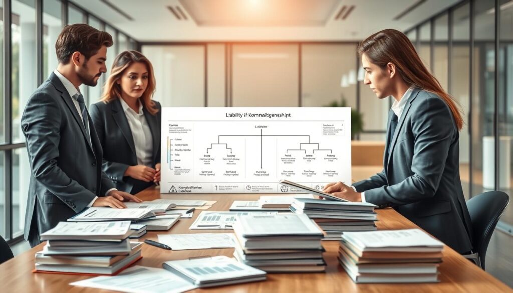 A detailed illustration representing the concept of "Liability in a Limited Partnership" with an emphasis on complementary liability and that of limited partners. In the foreground, a diverse group of three professionals dressed in formal business attire, engaged in a serious discussion around a table filled with financial documents, balance sheets, and a laptop displaying graphs. In the middle, a large infographic displaying structural diagrams of a Kommanditgesellschaft, highlighting roles and liabilities, surrounded by stacks of legal texts. The background features a modern office with glass walls, natural light pouring in, creating a focused and engaging atmosphere. The shot is taken with a Sony A7R IV at 70mm, ensuring sharp definition and clarity, enhanced by a polarized filter to enrich colors and contrast.