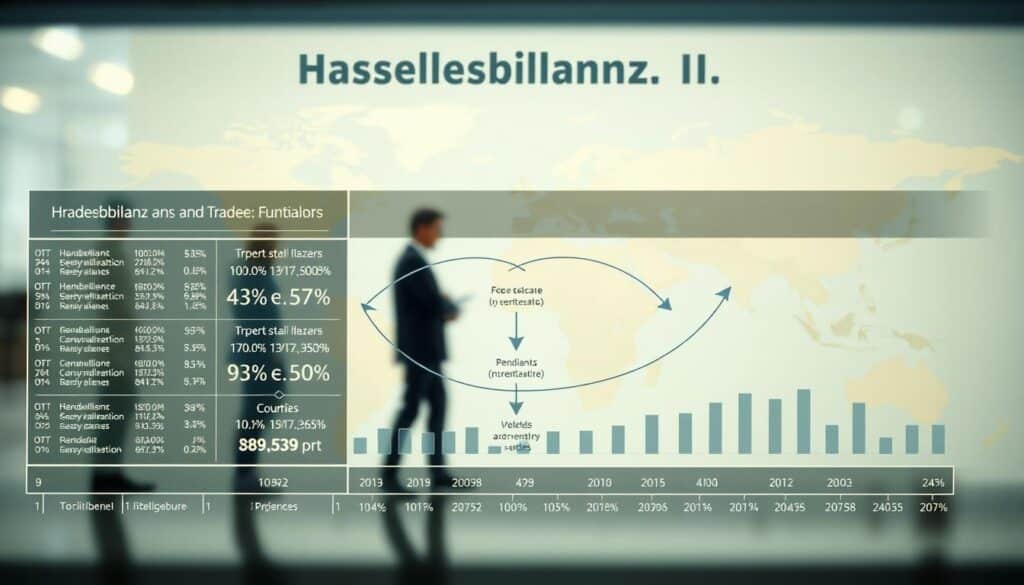 A detailed infographic representation of the functions of the Handelsbilanz II. In the foreground, an elegant chart displays key figures and data points about trade balances, surrounded by professional figures in business attire analyzing the information. The middle layer consists of interconnected arrows highlighting the flow of goods and services, symbolizing trade dynamics. In the background, a world map subtly illustrates various countries engaged in trade, with faint outlines of currency symbols to denote economic interactions. The lighting is bright and even, enhancing clarity and emphasis on the charts, captured with a Sony A7R IV at 70mm, ensuring sharp focus and definition. The mood is informative and professional, creating a sense of engaged analysis and economic insight.