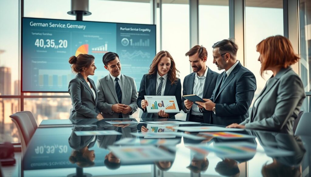 A detailed market analysis scene depicting the service sector in Germany. In the foreground, diverse professionals in formal business attire are engaged in discussion, analyzing colorful charts and graphs on a digital tablet. The middle ground features a modern conference room with a sleek glass table and floor-to-ceiling windows showcasing a city skyline. In the background, subtle elements like a large digital screen displaying key statistics and infographics about the German service industry emphasize a collaborative and innovative atmosphere. Soft, natural lighting filters through the windows, casting dynamic shadows, while a slight bokeh effect highlights the professionals while keeping the environment clearly defined. Shot on a Sony A7R IV at 70mm, the image captures a sense of focus and professionalism in a bustling business setting. A detailed market analysis scene depicting the service sector in Germany. In the foreground, diverse professionals in formal business attire are engaged in discussion, analyzing colorful charts and graphs on a digital tablet. The middle ground features a modern conference room with a sleek glass table and floor-to-ceiling windows showcasing a city skyline. In the background, subtle elements like a large digital screen displaying key statistics and infographics about the German service industry emphasize a collaborative and innovative atmosphere. Soft, natural lighting filters through the windows, casting dynamic shadows, while a slight bokeh effect highlights the professionals while keeping the environment clearly defined. Shot on a Sony A7R IV at 70mm, the image captures a sense of focus and professionalism in a bustling business setting.
