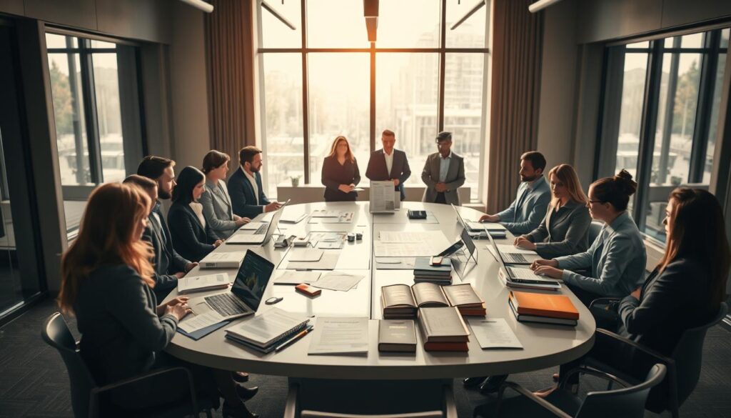 A detailed representation of "Rechtsfähigkeit und Grundrechtsfähigkeit," showcasing the concept of legal personality in a corporate environment. In the foreground, a group of diverse professionals in business attire stands in a circle, discussing legal documents and charts. The middle ground features a large, sleek conference table covered with paperwork, laptops, and legal books, signifying the exploration of rights and obligations of legal entities. The background shows a modern office with floor-to-ceiling windows, allowing natural light to illuminate the scene. The atmosphere feels focused and dynamic, emphasizing collaboration and professionalism. The image is captured with a Sony A7R IV at 70mm, ensuring sharp detail and clarity, with a polarized filter enhancing the vibrant colors and reducing glare.