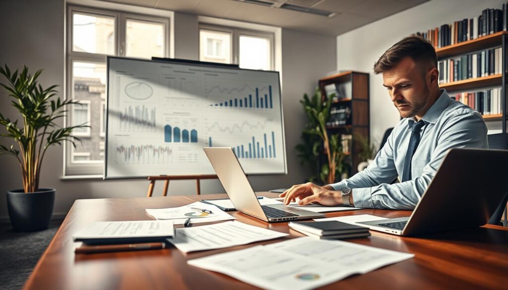 A detailed scene depicting 'Barwert Buchführung', showcasing a well-organized office environment. In the foreground, a professional accountant, dressed in business attire, is intently calculating figures on a sleek laptop with financial documents spread out on a polished wooden desk. In the middle ground, a large whiteboard displays complex financial charts and graphs, framed by natural light pouring in from large windows. The background features a modern bookshelf filled with finance-related books and a potted plant for a touch of greenery. Capture the image with a Sony A7R IV at 70mm, ensuring a clearly focused and sharply defined composition with a polarized filter enhancing the clarity. The mood should be serious yet inspiring, reflecting the importance of accurate financial management.