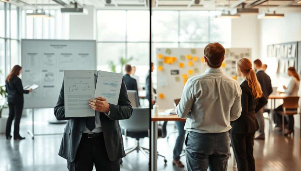 A detailed split-screen illustration contrasting Aufbauorganisation (organizational structure) and Ablauforganisation (workflow organization). In the foreground, depict an office environment with two teams; on the left, professionals in smart business attire discussing hierarchical charts and organizational charts, emphasizing clear structure. On the right, a team engaged in a dynamic brainstorming session with sticky notes and flowcharts, highlighting process and workflow. The middle ground should transition seamlessly between the two environments, showcasing a blend of structure and movement. The background features a modern office filled with natural light, captured with a Sony A7R IV at 70mm, creating a sharply defined, clear image with a balanced composition. The mood is professional yet collaborative, emphasizing the contrasts between static organization and dynamic processes.
