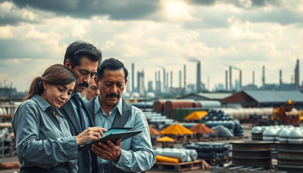 A detailed visual representation of the impact of high energy prices on raw materials. In the foreground, show a diverse group of professionals in business attire analyzing fluctuating energy price charts on digital tablets, expressing concern. In the middle ground, depict warehouses with various raw materials like oil, metals, and natural gas, illustrating the bond between energy costs and material prices. The background features an industrial skyline with smokestacks and solar panels under a dramatic sky, indicating the dual sources of energy. The scene is illuminated by soft, natural lighting highlighting the tension in the atmosphere. Shot on Sony A7R IV at 70mm, ensuring a sharp focus on the characters and materials, with a polarized filter enhancing the colors and clarity.