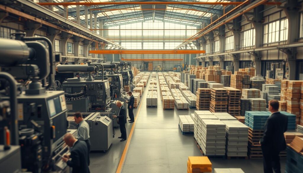 A detailed visualization of "Folgen der Economies of Scale," showcasing a modern manufacturing facility. In the foreground, an array of large machinery and high-tech production lines, operated by diverse professionals in business attire, focused on their tasks. The middle ground features rows of efficiently stacked products, highlighting increased output and cost savings. In the background, a panoramic view of the expansive factory floor, with natural light flooding through large windows, creating a warm, optimistic atmosphere. Capture this scene using a Sony A7R IV at 70mm, ensuring sharp focus on the details and a clear definition of the space, enhanced by a polarized filter to enrich colors and contrast. The overall mood conveys innovation, progress, and the advantages of scale in industry.