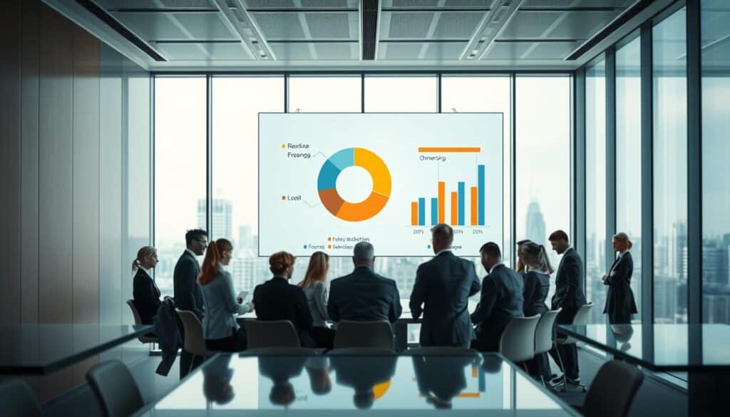 A detailed visualization of corporate shareholder structure titled "Aktionärsstruktur". In the foreground, a diverse group of business professionals in formal attire gathers around a modern conference table, engaged in discussion. In the middle ground, a large transparent screen displays a pie chart and bar graphs illustrating ownership percentages and influence levels of major shareholders. In the background, a sleek, well-lit office environment with large windows and skyline views exudes a feeling of professionalism and power. The scene has a polished, corporate atmosphere, captured with a Sony A7R IV at 70mm, ensuring sharp details and vibrant colors, enhanced by a polarized filter to eliminate glare and create a clear focus on the interplay of light and shadow. A detailed visualization of corporate shareholder structure titled "Aktionärsstruktur". In the foreground, a diverse group of business professionals in formal attire gathers around a modern conference table, engaged in discussion. In the middle ground, a large transparent screen displays a pie chart and bar graphs illustrating ownership percentages and influence levels of major shareholders. In the background, a sleek, well-lit office environment with large windows and skyline views exudes a feeling of professionalism and power. The scene has a polished, corporate atmosphere, captured with a Sony A7R IV at 70mm, ensuring sharp details and vibrant colors, enhanced by a polarized filter to eliminate glare and create a clear focus on the interplay of light and shadow.