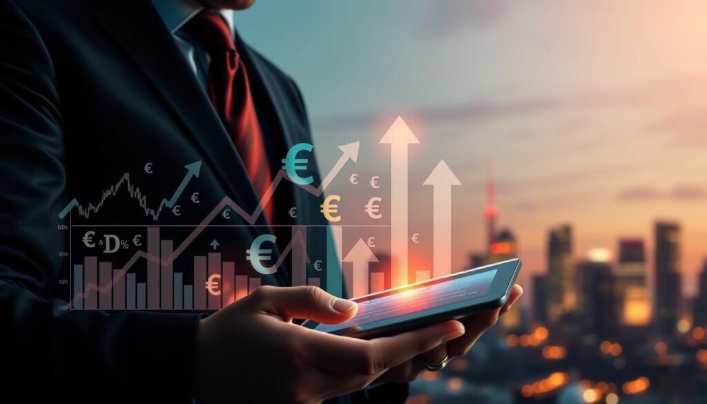 A detailed, visually compelling illustration representing "Exchange Rates and Terms of Trade." In the foreground, display a professional individual in business attire examining a digital tablet showing dynamic graphs of currency fluctuations and trade balances. In the middle, create an abstract representation of currency symbols intermingling with arrows symbolizing trade flows, with highlights accentuating the upward and downward trends. In the background, depict a city skyline at dusk, symbolizing global trade connections, illuminated by soft, warm lighting. Use a Sony A7R IV with a 70mm lens for a shallow depth of field, ensuring a clearly focused and sharply defined image. The mood conveys a sense of analysis, professionalism, and economic insight. The overall composition emphasizes clarity and sophistication, without any text or branding elements. A detailed, visually compelling illustration representing "Exchange Rates and Terms of Trade." In the foreground, display a professional individual in business attire examining a digital tablet showing dynamic graphs of currency fluctuations and trade balances. In the middle, create an abstract representation of currency symbols intermingling with arrows symbolizing trade flows, with highlights accentuating the upward and downward trends. In the background, depict a city skyline at dusk, symbolizing global trade connections, illuminated by soft, warm lighting. Use a Sony A7R IV with a 70mm lens for a shallow depth of field, ensuring a clearly focused and sharply defined image. The mood conveys a sense of analysis, professionalism, and economic insight. The overall composition emphasizes clarity and sophistication, without any text or branding elements.
