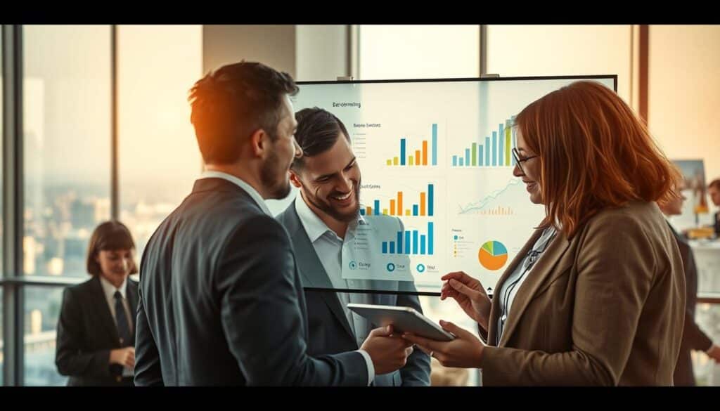 A detailed, visually striking illustration of "branchenspezifische Methoden" for benchmarking. In the foreground, a diverse group of professionals in business attire are engaged in a collaborative discussion, analyzing charts and graphs on a digital tablet. The middle ground features a large, transparent screen displaying industry-specific benchmarks with dynamic data visualizations, such as bar graphs and pie charts. The background depicts a modern office environment with floor-to-ceiling windows revealing a vibrant cityscape. Soft, natural light filters in, creating a bright, optimistic atmosphere. The scene is shot with a Sony A7R IV at 70mm, ensuring clarity and sharpness with a polarized filter to enhance colors and reduce glare, emphasizing focus on the professionals and the data presented.