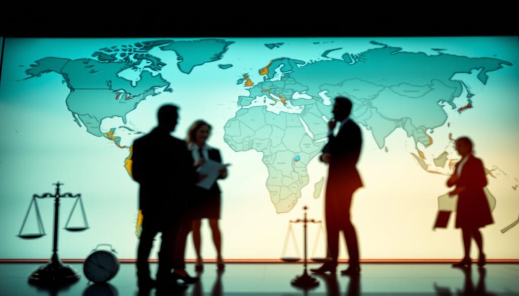 A detailed world map displaying international variations in statute of limitations for business law, with highlighted regions representing different timeframes. In the foreground, incorporate visual symbols like clocks and legal scales to convey the concept of time and legal proceedings. The middle ground should have subtle silhouettes of businesspeople in professional attire discussing or analyzing documents, portraying a global perspective on legal practices. In the background, a soft gradient of light blues and greens, creating a calm and informative atmosphere. Shot on a Sony A7R IV 70mm for sharp detail, using a polarized filter for clarity and vibrant colors. The overall mood should be professional, educational, and engaging, suitable for a serious article.