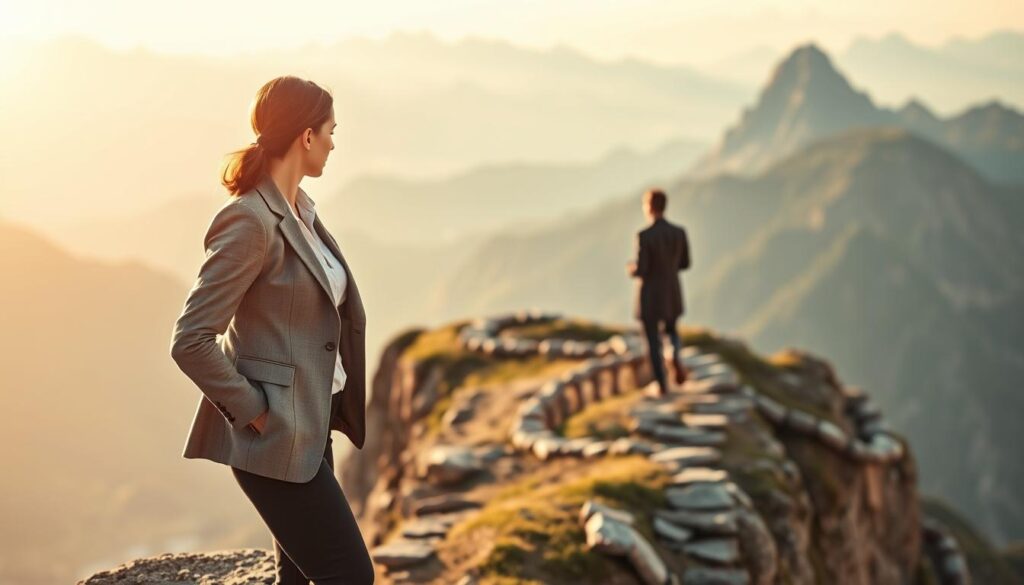 A determined businesswoman standing at the edge of a cliff, gazing towards a distant mountain peak symbolizing her goals. In the foreground, she is dressed in a professional attire - a tailored blazer and smart trousers, exuding confidence. The middle ground features a winding path leading up the cliff, lined with stones that show obstacles symbolizing challenges. In the background, the mountains are bathed in a warm golden light of the early morning sun, creating an inspirational and hopeful atmosphere. The scene is shot with a Sony A7R IV at 70mm, clearly focused and sharply defined, using a polarized filter to enhance colors and contrast, capturing the emotional weight of courage and determination in the pursuit of success.