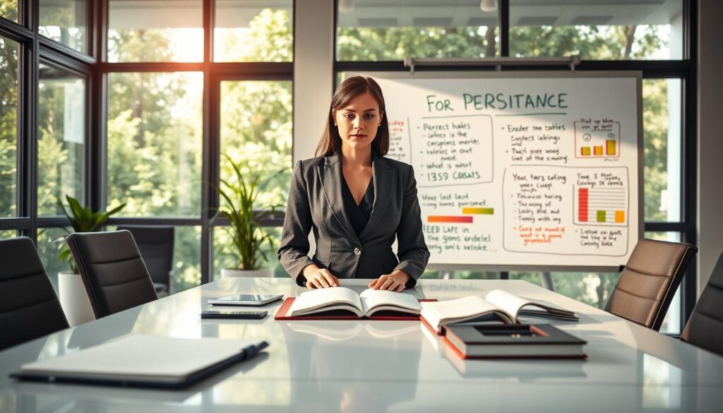 A determined businesswoman stands confidently at a sleek conference table, reviewing strategies for fostering persistence. In the foreground, she is dressed in a professional business suit, with a focused expression, surrounded by open notebooks and digital devices. The middle of the scene features a large whiteboard covered in colorful charts and motivational quotes about perseverance. The background displays a bright, modern office with large windows and lush greenery visible outside. Soft, natural lighting streams in, creating an inspiring atmosphere. The image is shot on a Sony A7R IV at 70mm, with a polarized filter that enhances clarity and color vibrancy, capturing the essence of strategic thinking and the empowerment of persistence. A determined businesswoman stands confidently at a sleek conference table, reviewing strategies for fostering persistence. In the foreground, she is dressed in a professional business suit, with a focused expression, surrounded by open notebooks and digital devices. The middle of the scene features a large whiteboard covered in colorful charts and motivational quotes about perseverance. The background displays a bright, modern office with large windows and lush greenery visible outside. Soft, natural lighting streams in, creating an inspiring atmosphere. The image is shot on a Sony A7R IV at 70mm, with a polarized filter that enhances clarity and color vibrancy, capturing the essence of strategic thinking and the empowerment of persistence.