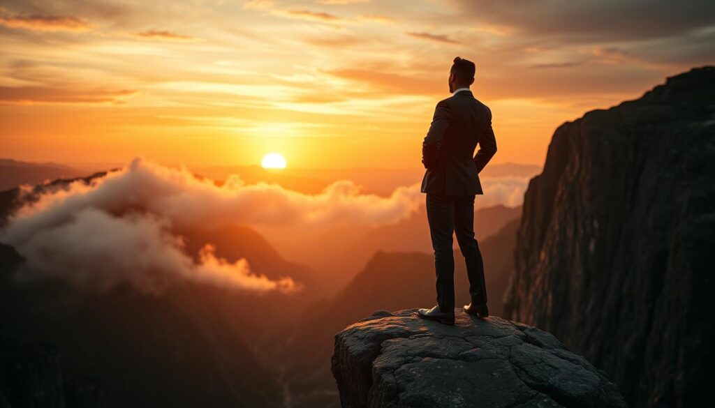 A determined individual standing at the edge of a towering cliff, gazing courageously into the horizon where a vibrant sunrise illuminates the sky with hues of orange and golden light. The foreground features the person, dressed in professional business attire, embodying strength and resilience. In the middle ground, swirling mists rise from the valleys below, symbolizing fear and self-doubt. The background showcases a breathtaking landscape of rugged mountains, representing challenges to overcome. The scene is captured with a Sony A7R IV at 70mm, with a sharply focused subject and a soft bokeh effect on the background for depth. The overall atmosphere conveys empowerment, hope, and the bravery of taking bold steps toward success.