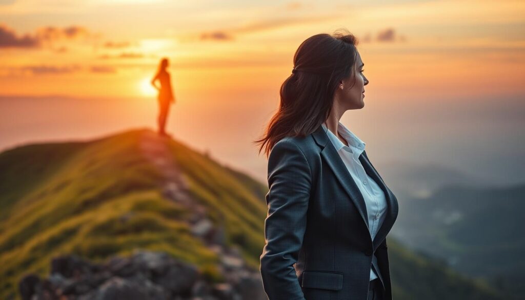 A determined professional woman stands triumphantly on a mountain peak, symbolizing achievement and goal realization. She is dressed in a smart business suit, exuding confidence and resilience. In the foreground, her posture conveys unwavering determination as she gazes toward the horizon. In the middle ground, a pathway winds upward through lush green hills, illustrating the journey of persistence. The background reveals a stunning sunset, with warm oranges and purples blending into the sky, creating a motivational and hopeful atmosphere. Shot with a Sony A7R IV at 70mm, the image is clearly focused and sharply defined, enhanced by a polarized filter to enrich colors and contrast. The scene evokes a mood of inspiration and aspiration, embodying the theme of tenacity as the key to achieving goals. A determined professional woman stands triumphantly on a mountain peak, symbolizing achievement and goal realization. She is dressed in a smart business suit, exuding confidence and resilience. In the foreground, her posture conveys unwavering determination as she gazes toward the horizon. In the middle ground, a pathway winds upward through lush green hills, illustrating the journey of persistence. The background reveals a stunning sunset, with warm oranges and purples blending into the sky, creating a motivational and hopeful atmosphere. Shot with a Sony A7R IV at 70mm, the image is clearly focused and sharply defined, enhanced by a polarized filter to enrich colors and contrast. The scene evokes a mood of inspiration and aspiration, embodying the theme of tenacity as the key to achieving goals.
