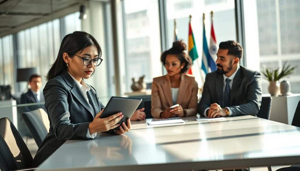 A diverse group of four business professionals engaged in a strategic meeting around a sleek conference table. The foreground features a focused middle-aged Asian woman presenting ideas on a digital tablet, while a young Black man takes notes. In the middle, a Caucasian woman and a Hispanic man exchange thoughts, all dressed in smart business attire. Natural light streams through large windows, casting soft shadows and creating a warm atmosphere. The background showcases a modern office setting with international décor — flags and cultural artifacts symbolizing global business partnerships. The image is shot with a Sony A7R IV at 70mm, showcasing clear details and a sharp focus, with a polarized filter enhancing the vibrant colors of the scene. A diverse group of four business professionals engaged in a strategic meeting around a sleek conference table. The foreground features a focused middle-aged Asian woman presenting ideas on a digital tablet, while a young Black man takes notes. In the middle, a Caucasian woman and a Hispanic man exchange thoughts, all dressed in smart business attire. Natural light streams through large windows, casting soft shadows and creating a warm atmosphere. The background showcases a modern office setting with international décor — flags and cultural artifacts symbolizing global business partnerships. The image is shot with a Sony A7R IV at 70mm, showcasing clear details and a sharp focus, with a polarized filter enhancing the vibrant colors of the scene.