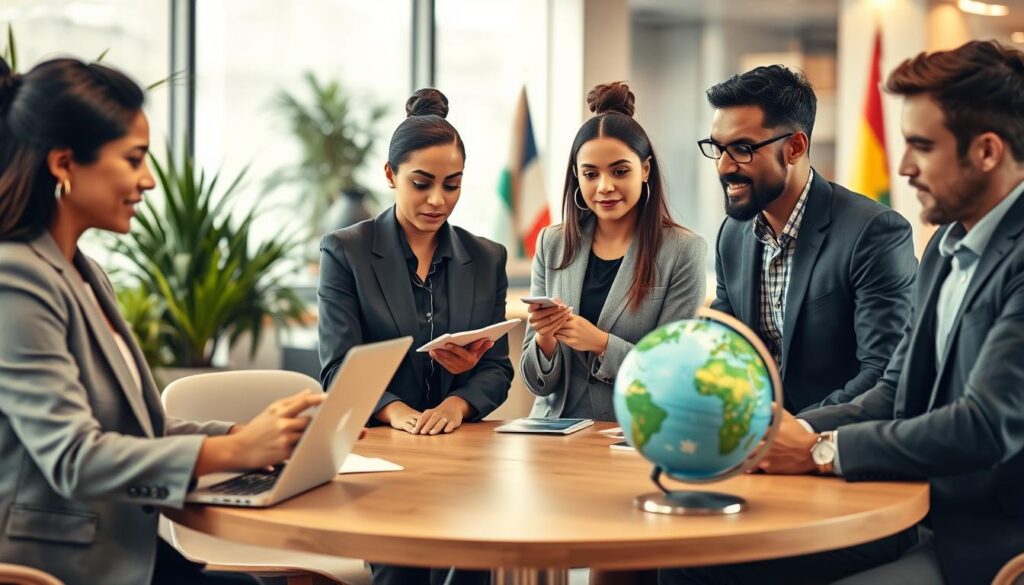 A diverse group of four professionals engaged in a collaborative discussion around a round table, showcasing interkulturelle Sensibilität. In the foreground, a South Asian woman in a business suit presents ideas using a laptop, while a Black man in smart casual attire listens intently, leaning forward. In the middle ground, a Caucasian woman takes notes, and a Hispanic man gestures to a globe on the table, symbolizing global perspectives. The background features a softly blurred modern office with plants and international flags. Soft, warm lighting enhances a welcoming atmosphere, captured with a Sony A7R IV at 70mm, exhibiting sharp focus and detailed expressions, all framed with a polarized filter to enrich colors. A diverse group of four professionals engaged in a collaborative discussion around a round table, showcasing interkulturelle Sensibilität. In the foreground, a South Asian woman in a business suit presents ideas using a laptop, while a Black man in smart casual attire listens intently, leaning forward. In the middle ground, a Caucasian woman takes notes, and a Hispanic man gestures to a globe on the table, symbolizing global perspectives. The background features a softly blurred modern office with plants and international flags. Soft, warm lighting enhances a welcoming atmosphere, captured with a Sony A7R IV at 70mm, exhibiting sharp focus and detailed expressions, all framed with a polarized filter to enrich colors.