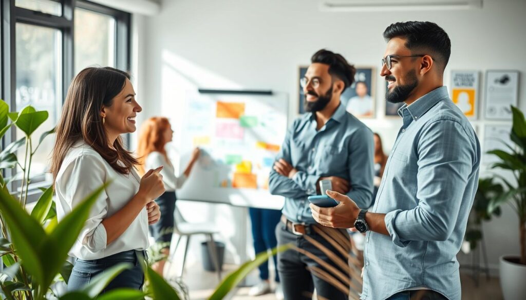 A diverse group of four professionals engaged in a lively teambuilding activity in a modern office space. In the foreground, a woman in business casual attire enthusiastically shares ideas with a man in a crisp shirt, showcasing real interaction. They are surrounded by vibrant plants and a large glass window, allowing natural light to flood the room. In the middle ground, two colleagues are collaborating on a whiteboard filled with colorful notes and diagrams. The atmosphere is bright and energetic, reflecting teamwork and open communication. The background features a sleek office setup with motivational posters. Shot on a Sony A7R IV at 70mm, with clear focus and sharp detailing, enhanced by a polarized filter to emphasize colors and reduce glare.