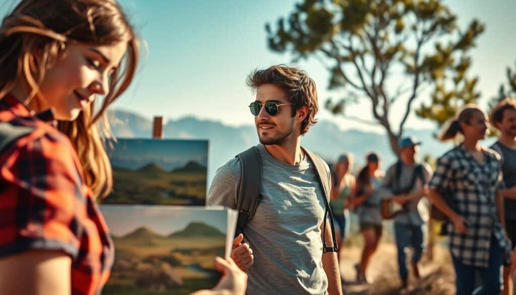 A diverse group of individuals engaged in various hobbies that reflect their unique personalities. In the foreground, a young woman in casual attire is painting a landscape on a canvas, her expression focused and serene. Beside her, a man dressed in smart casual clothing is playing a guitar, conveying creativity and passion. In the middle ground, a group of friends is seen hiking on a scenic trail, showcasing their adventurous spirit. The background features mountains under a bright blue sky, with sunlight filtering through the trees, creating a warm, inviting atmosphere. The shot is captured with a Sony A7R IV at 70mm, with sharp focus and defined details that emphasize the joy and fulfillment derived from hobbies. The overall mood is vibrant and energetic, reflecting the theme of how hobbies mirror personality. A diverse group of individuals engaged in various hobbies that reflect their unique personalities. In the foreground, a young woman in casual attire is painting a landscape on a canvas, her expression focused and serene. Beside her, a man dressed in smart casual clothing is playing a guitar, conveying creativity and passion. In the middle ground, a group of friends is seen hiking on a scenic trail, showcasing their adventurous spirit. The background features mountains under a bright blue sky, with sunlight filtering through the trees, creating a warm, inviting atmosphere. The shot is captured with a Sony A7R IV at 70mm, with sharp focus and defined details that emphasize the joy and fulfillment derived from hobbies. The overall mood is vibrant and energetic, reflecting the theme of how hobbies mirror personality.