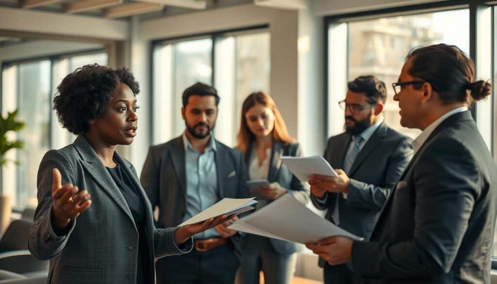 A diverse group of professionals engaged in a conflict resolution discussion in a modern office setting. In the foreground, a Black woman in a smart blazer speaks passionately, gesturing expressively. Next to her, a South Asian man, dressed in a crisp shirt, listens intently, taking notes. In the middle ground, a Caucasian woman in business attire analyzes documents, while a Hispanic man nods thoughtfully, showcasing an inclusive atmosphere. The background features large windows with natural light streaming in, casting soft shadows and creating a warm, collaborative ambiance. The scene is shot on a Sony A7R IV at 70mm, clearly focused and sharply defined, with a polarized filter enhancing the colors and clarity, reflecting a professional mood for conflict resolution strategies rooted in cultural understanding.