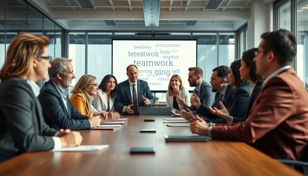 A diverse group of professionals engaged in a dynamic discussion around a conference table, symbolizing effective communication and conflict resolution. Foreground features focused expressions and gestures of the individuals, dressed in smart business attire, showcasing attentive listening and collaborative interaction. In the middle ground, a digital presentation screen displays keywords related to teamwork and communication. The background includes a bright, modern office with large windows allowing natural light to flood the space, enhancing the atmosphere of openness and collaboration. Shot on a Sony A7R IV with a 70mm lens, the image is clearly focused and sharply defined, complemented by a polarized filter to enrich colors and contrast, imparting a motivating and productive mood.